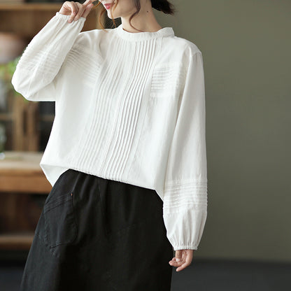 Pleated Crew Neck Cotton Shirt - Luckyback