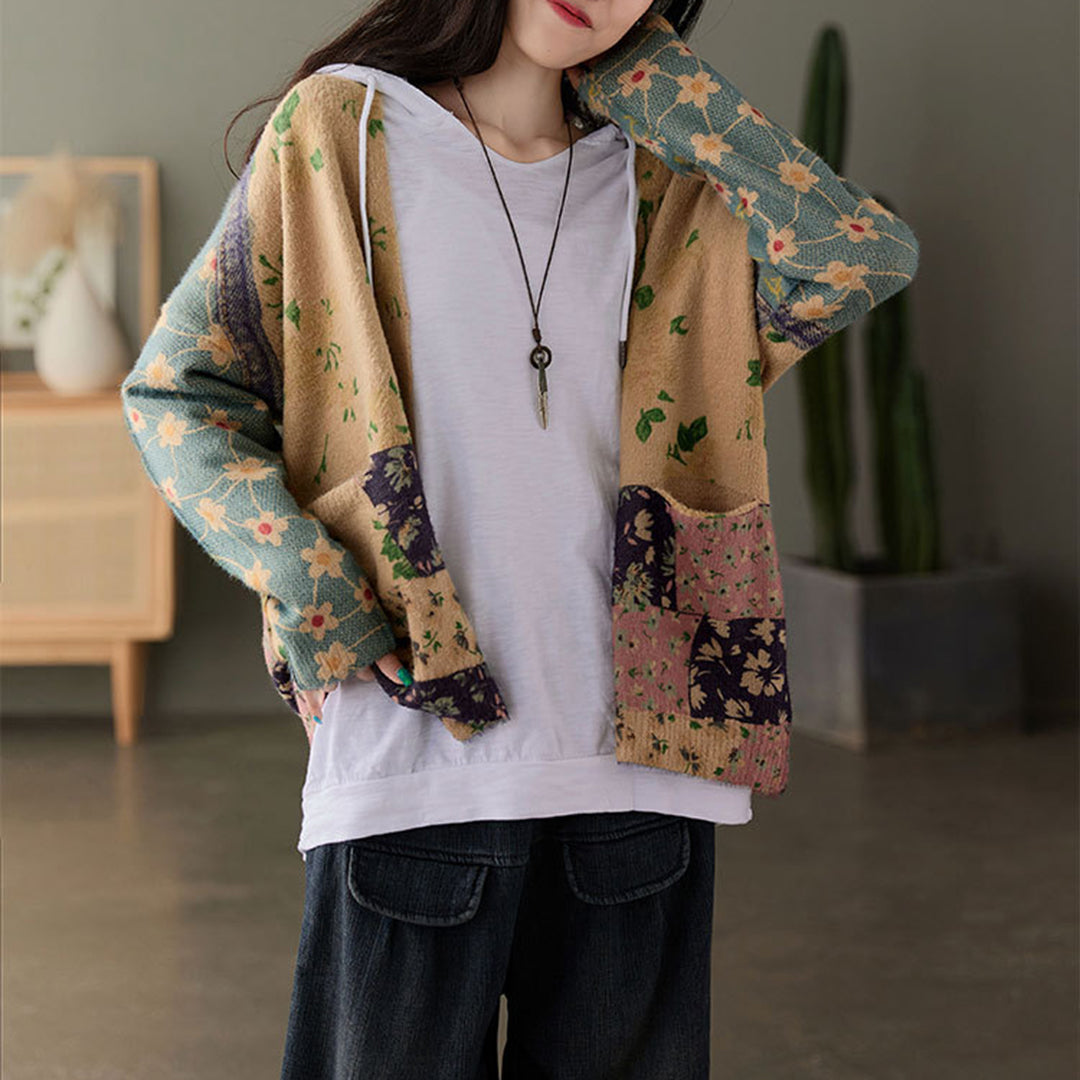Print Retro Loose Fit Cardigan - Luckyback