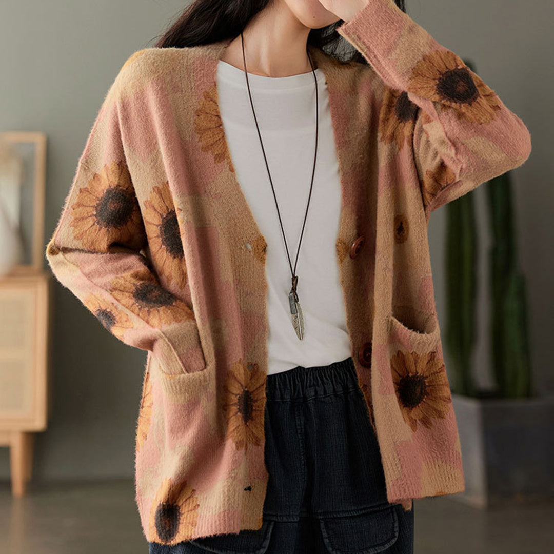 Print Retro Loose Fit Cardigan - Luckyback