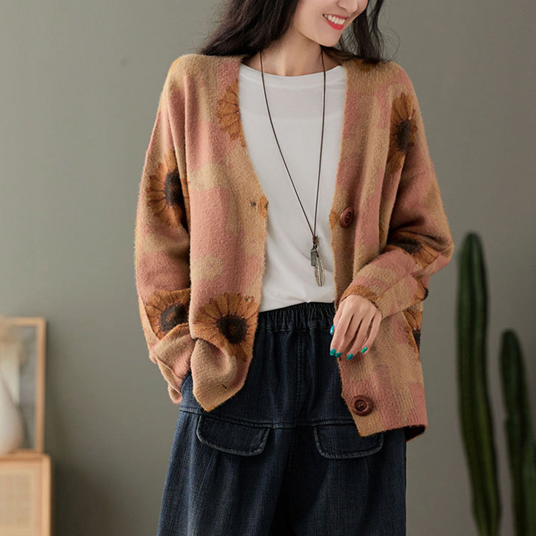 Print Retro Loose Fit Cardigan - Luckyback