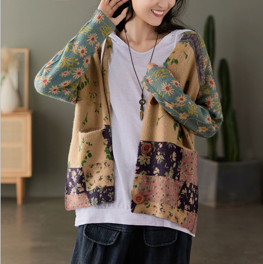 Print Retro Loose Fit Cardigan - Luckyback