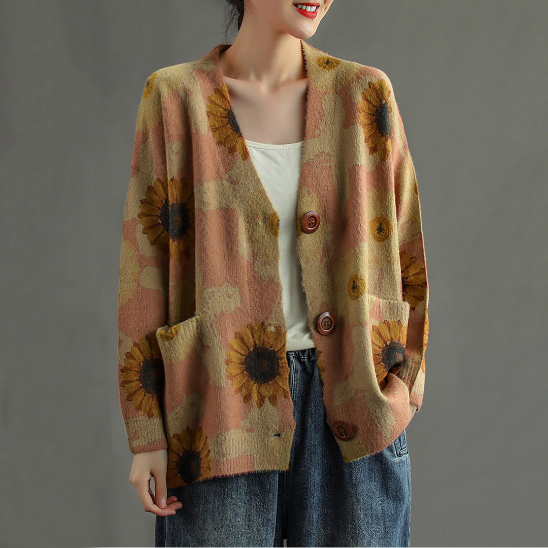 Print Retro Loose Fit Cardigan - Luckyback