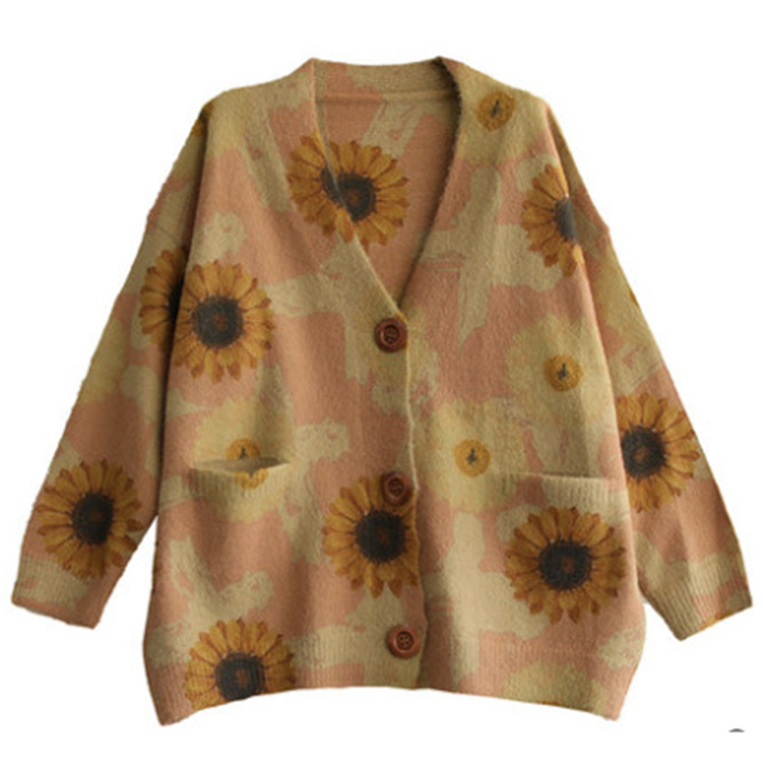 Print Retro Loose Fit Cardigan - Luckyback