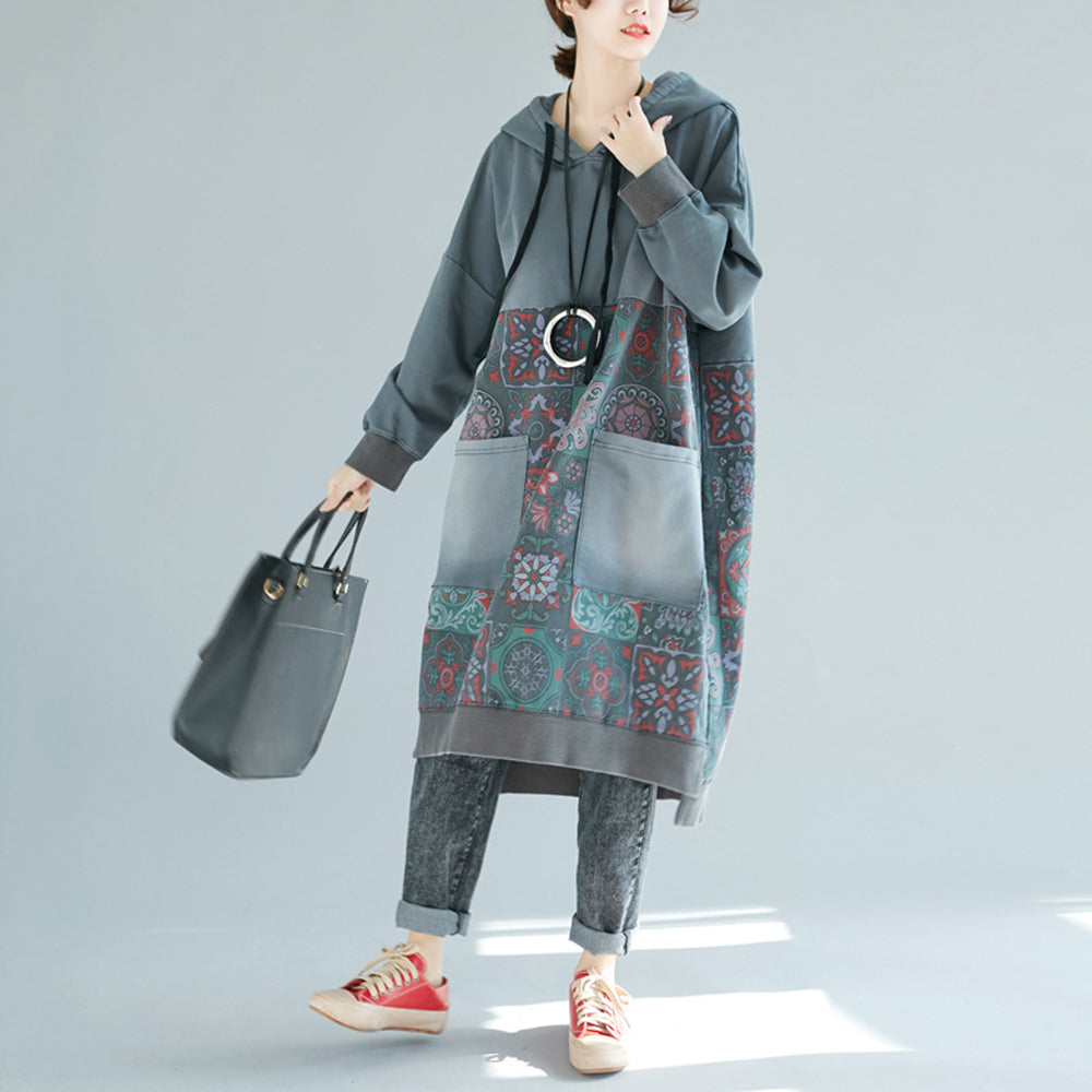 Printed Hooded Distressed Casual Dress
