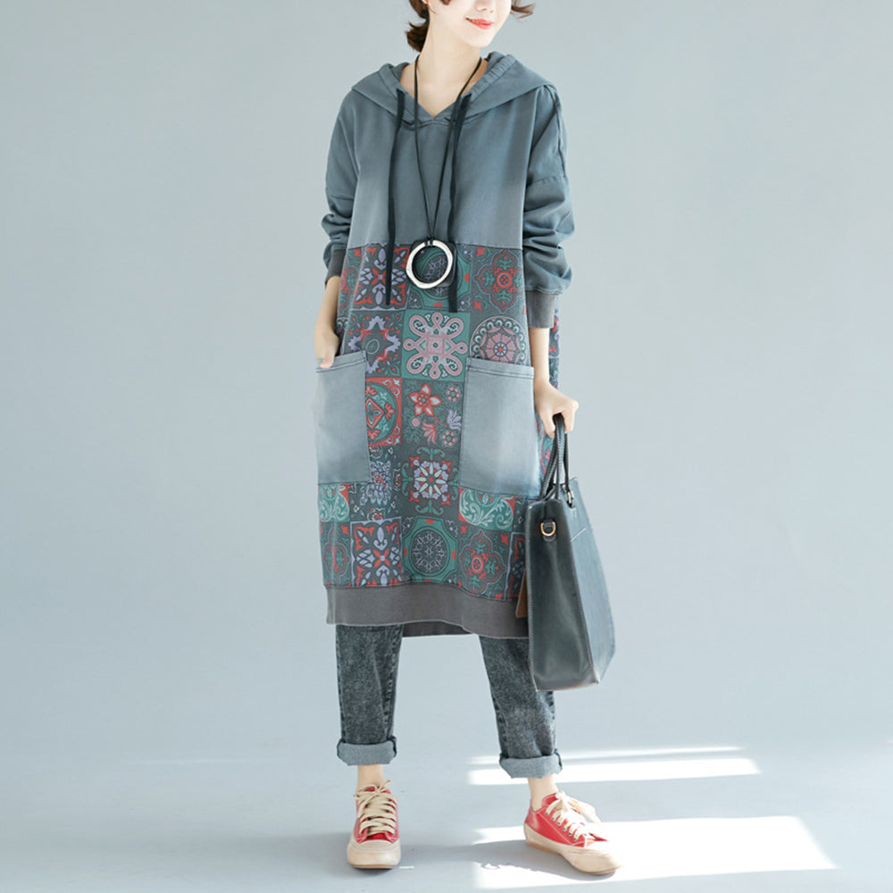 Printed Hooded Distressed Casual Dress
