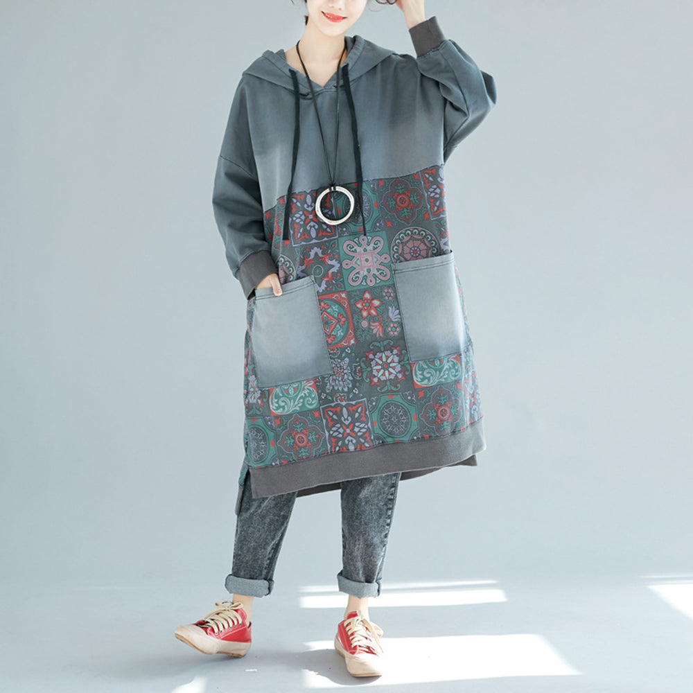 Printed Hooded Distressed Casual Dress