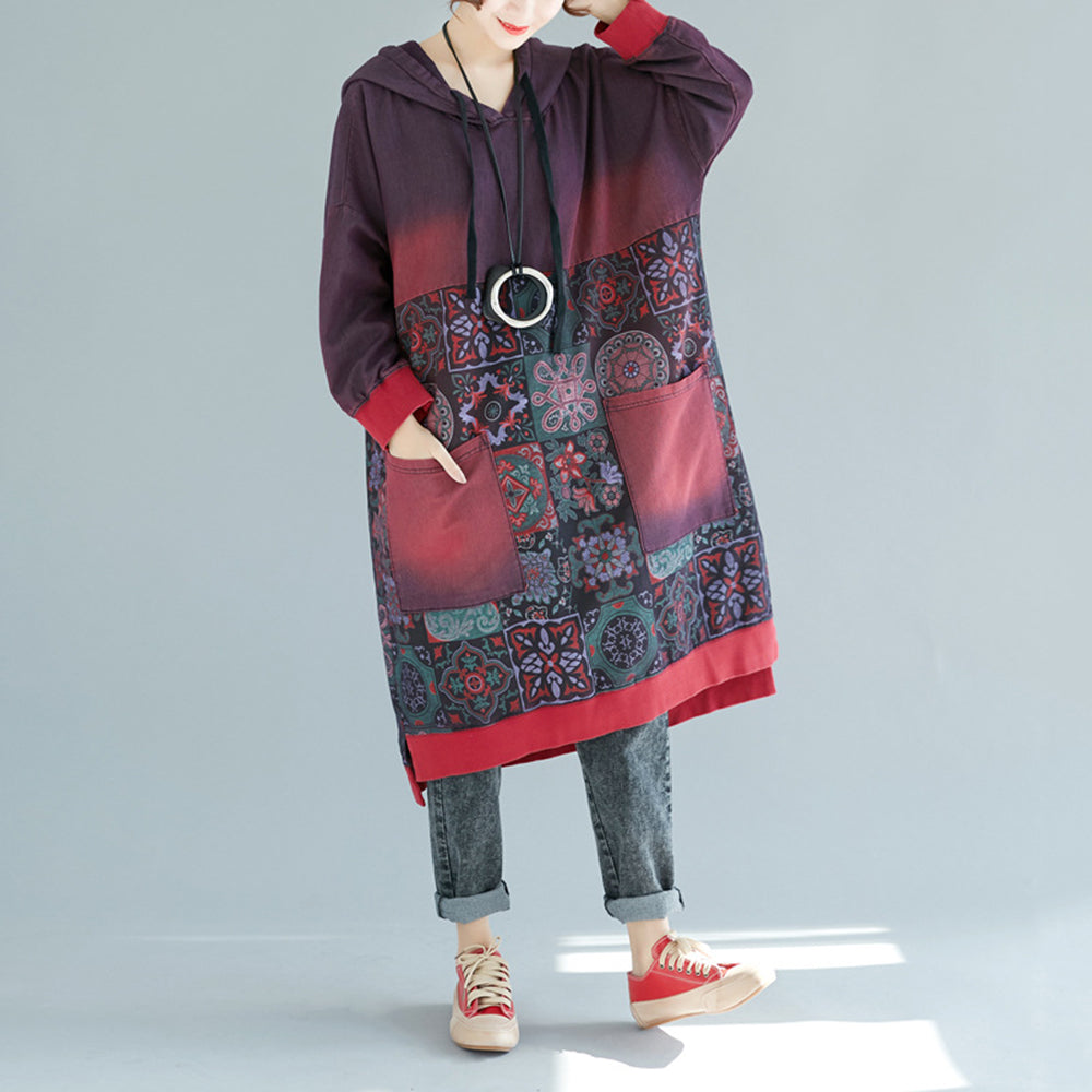 Printed Hooded Distressed Casual Dress