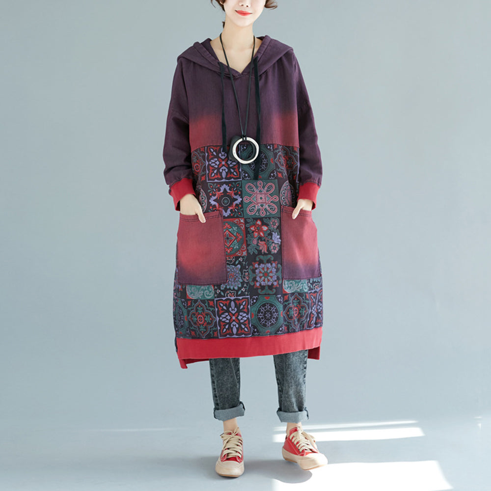 Printed Hooded Distressed Casual Dress