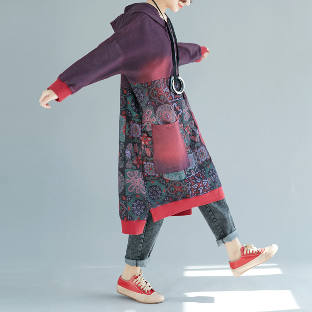 Printed Hooded Distressed Casual Dress