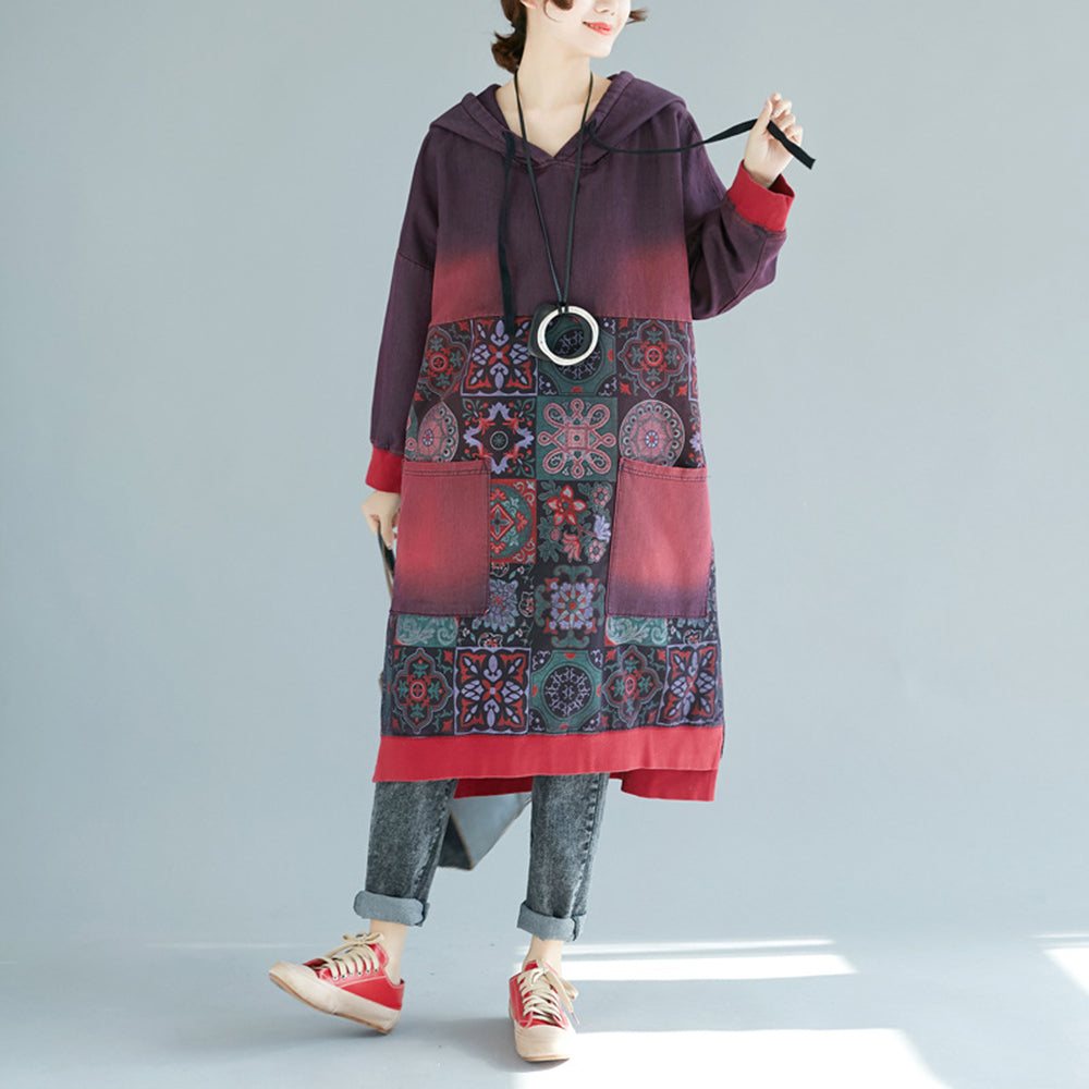 Printed Hooded Distressed Casual Dress