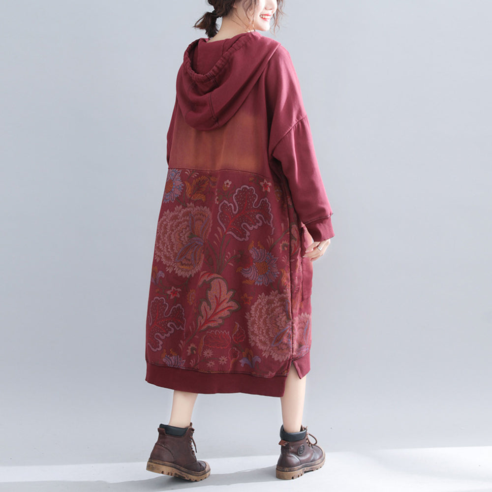 Printed Hooded Fleece Dress With Large Pockets