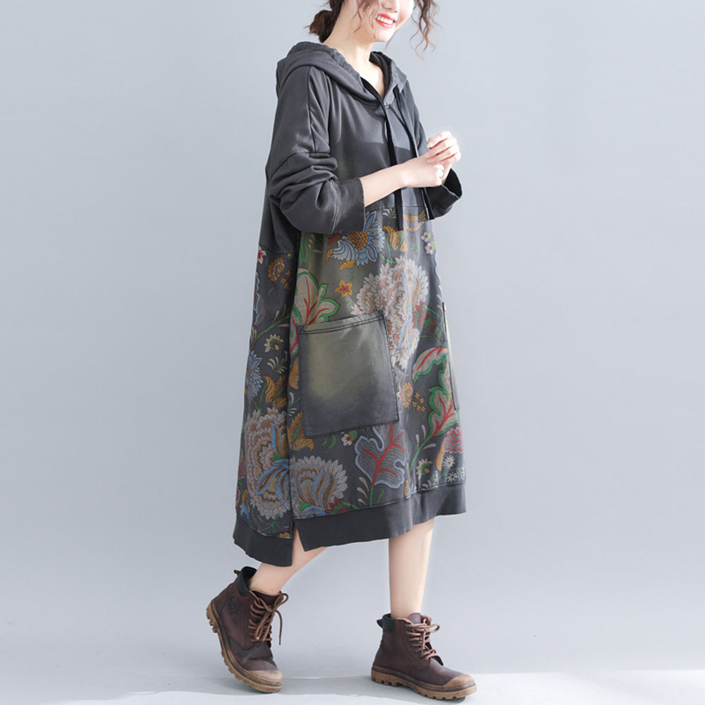 Printed Hooded Fleece Dress With Large Pockets