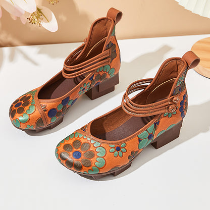 Printed Knob Ethnic Style Mid Heels Women Shoes