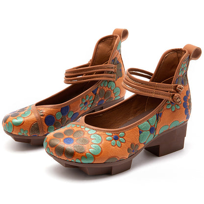 Printed Knob Ethnic Style Mid Heels Women Shoes