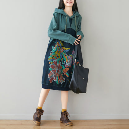 Printed Paneled Retro Hooded Dress