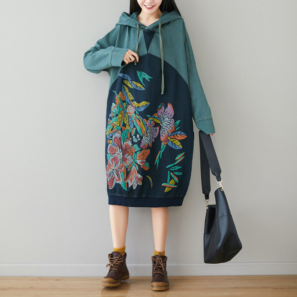 Printed Paneled Retro Hooded Dress