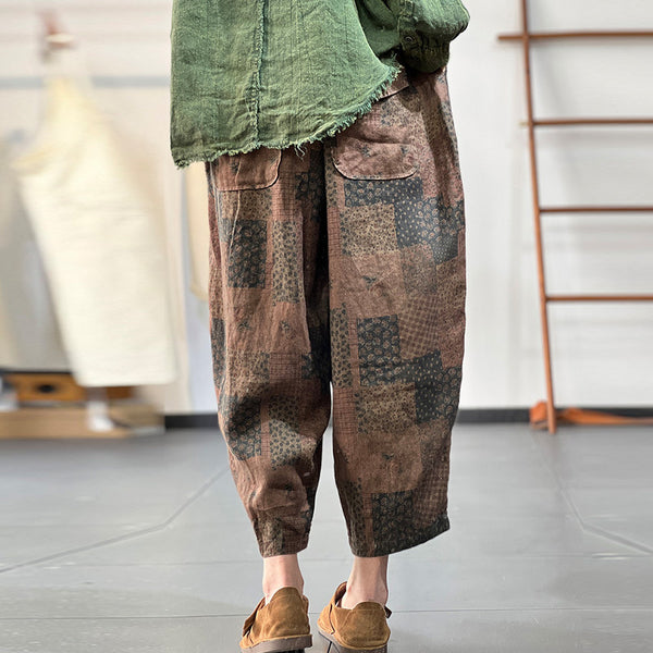 Italian Plaid Tie Waist Pockets Harem Fall Pants Cotton