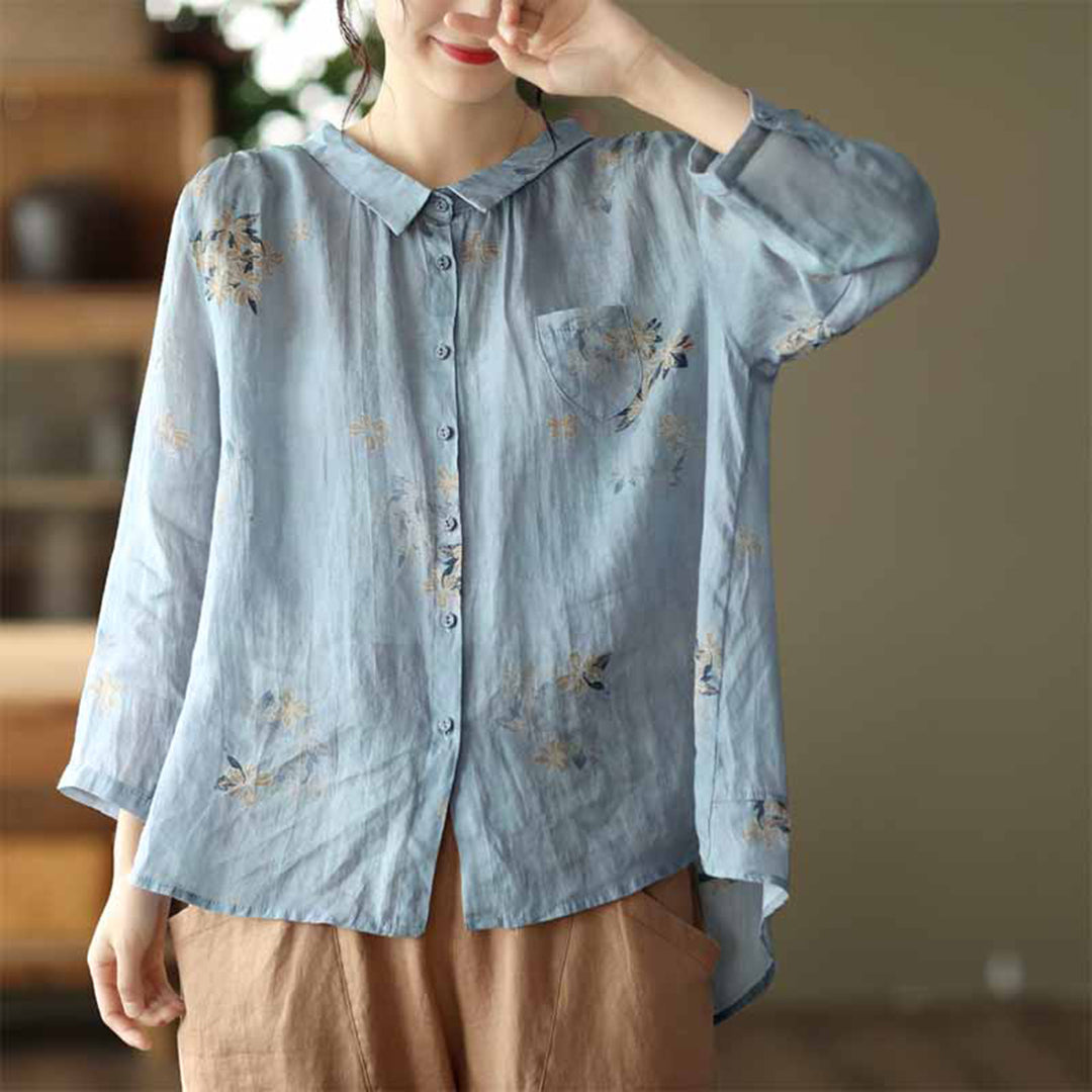 Women Artsy Summer Flower Strap Ramie Shirt