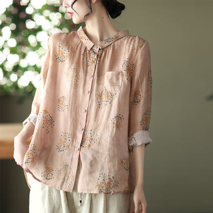 Ramie Flower Printed Loose Fit Shirt - Luckyback