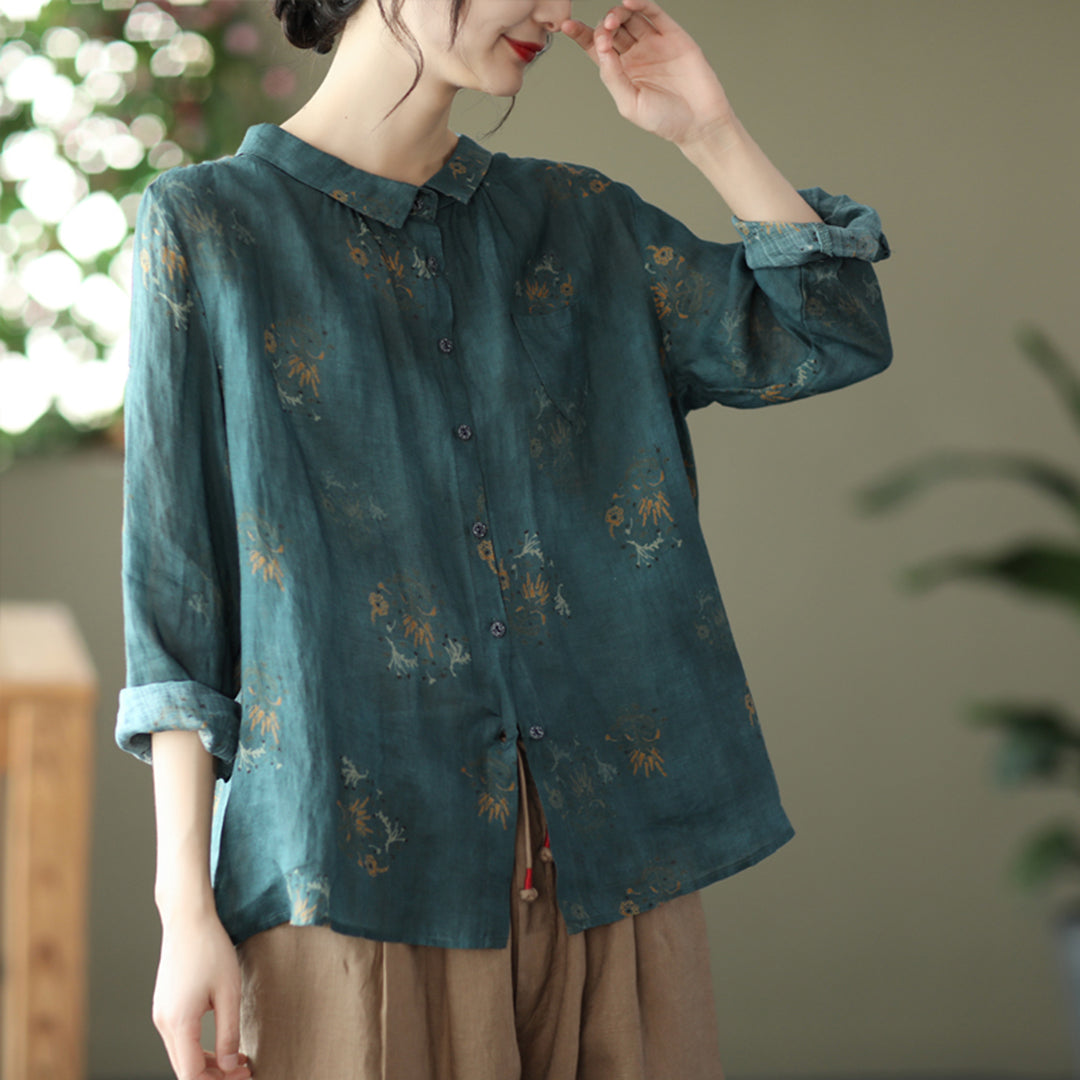 Ramie Flower Printed Loose Fit Shirt - Luckyback