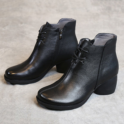 Retro Block Heels Leather Ankle Boots