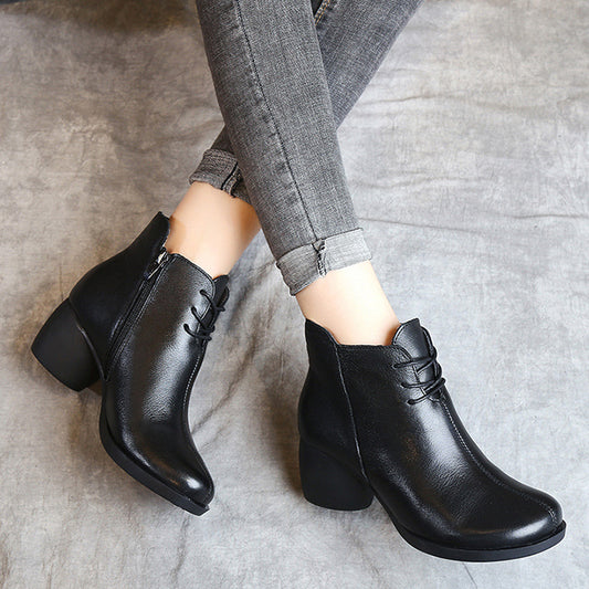 Retro Block Heels Leather Ankle Boots