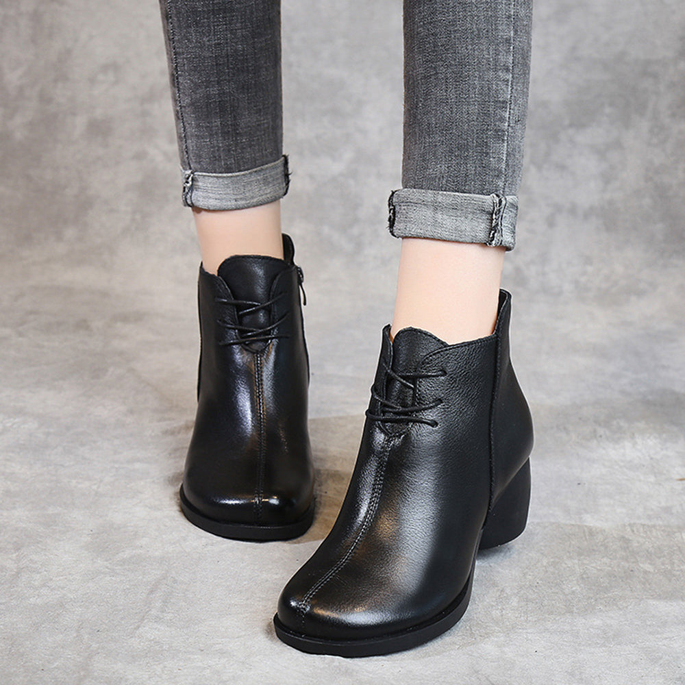 Retro Block Heels Leather Ankle Boots