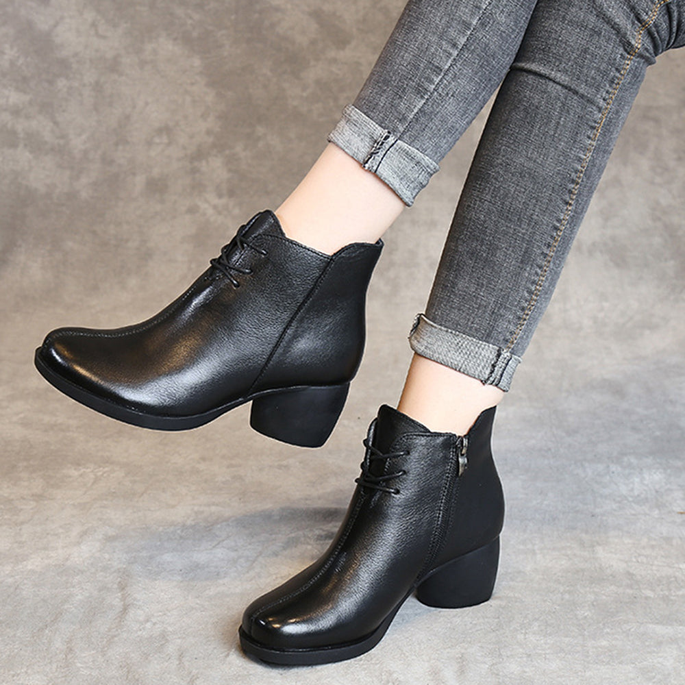Retro Block Heels Leather Ankle Boots