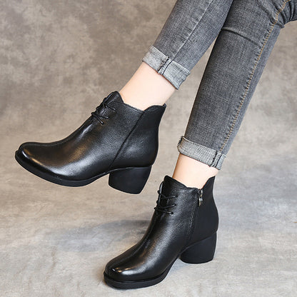 Retro Block Heels Leather Ankle Boots