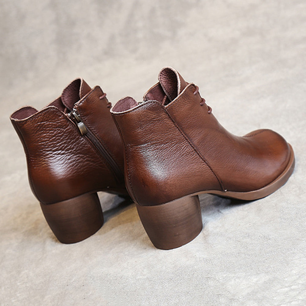 Retro Block Heels Leather Ankle Boots