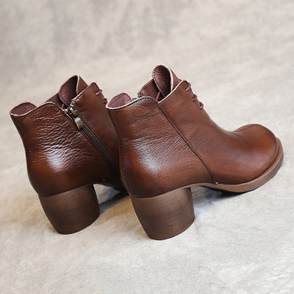 Retro Block Heels Leather Ankle Boots
