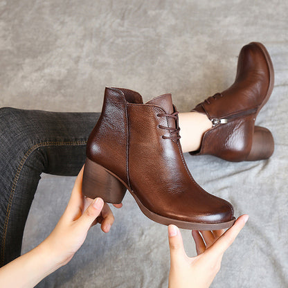 Retro Block Heels Leather Ankle Boots
