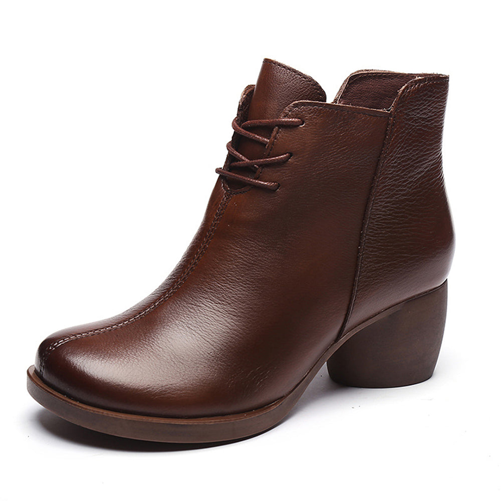 Retro Block Heels Leather Ankle Boots