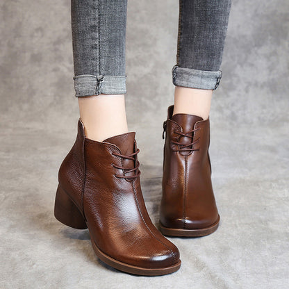 Retro Block Heels Leather Ankle Boots