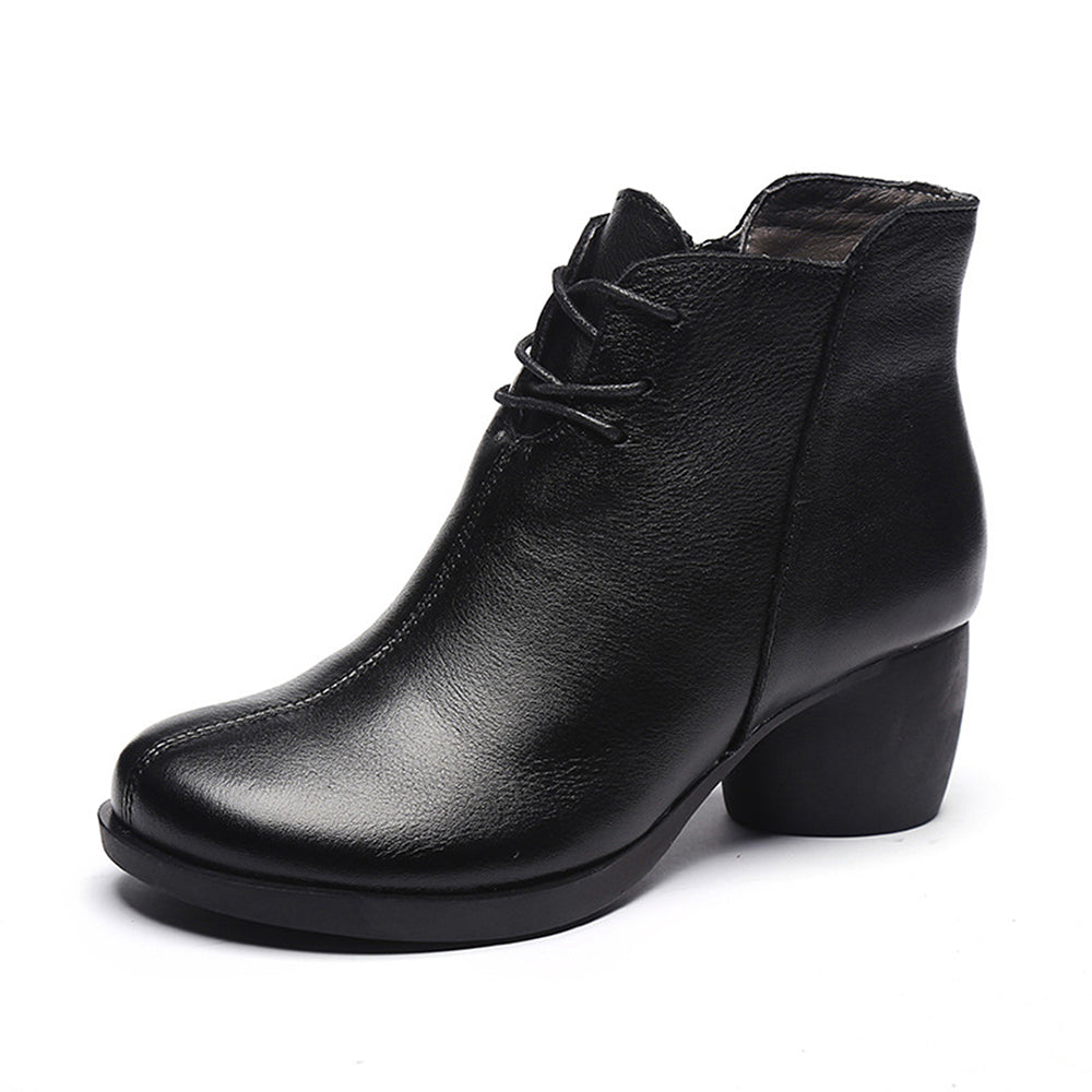 Retro Block Heels Leather Ankle Boots