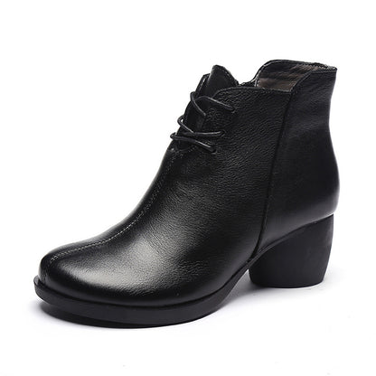 Retro Block Heels Leather Ankle Boots