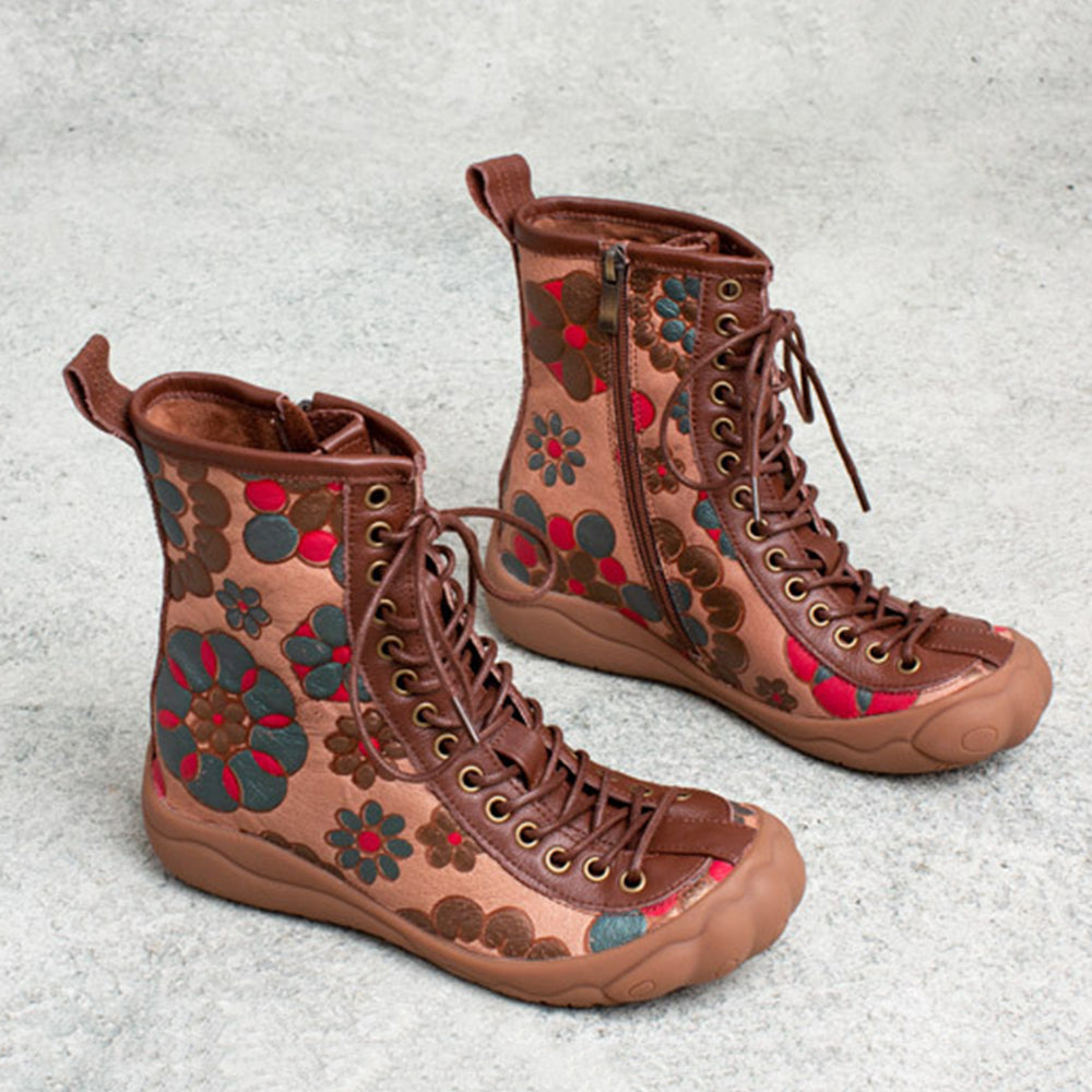 Retro Cowhide Flower Print Lace-up Single Boots