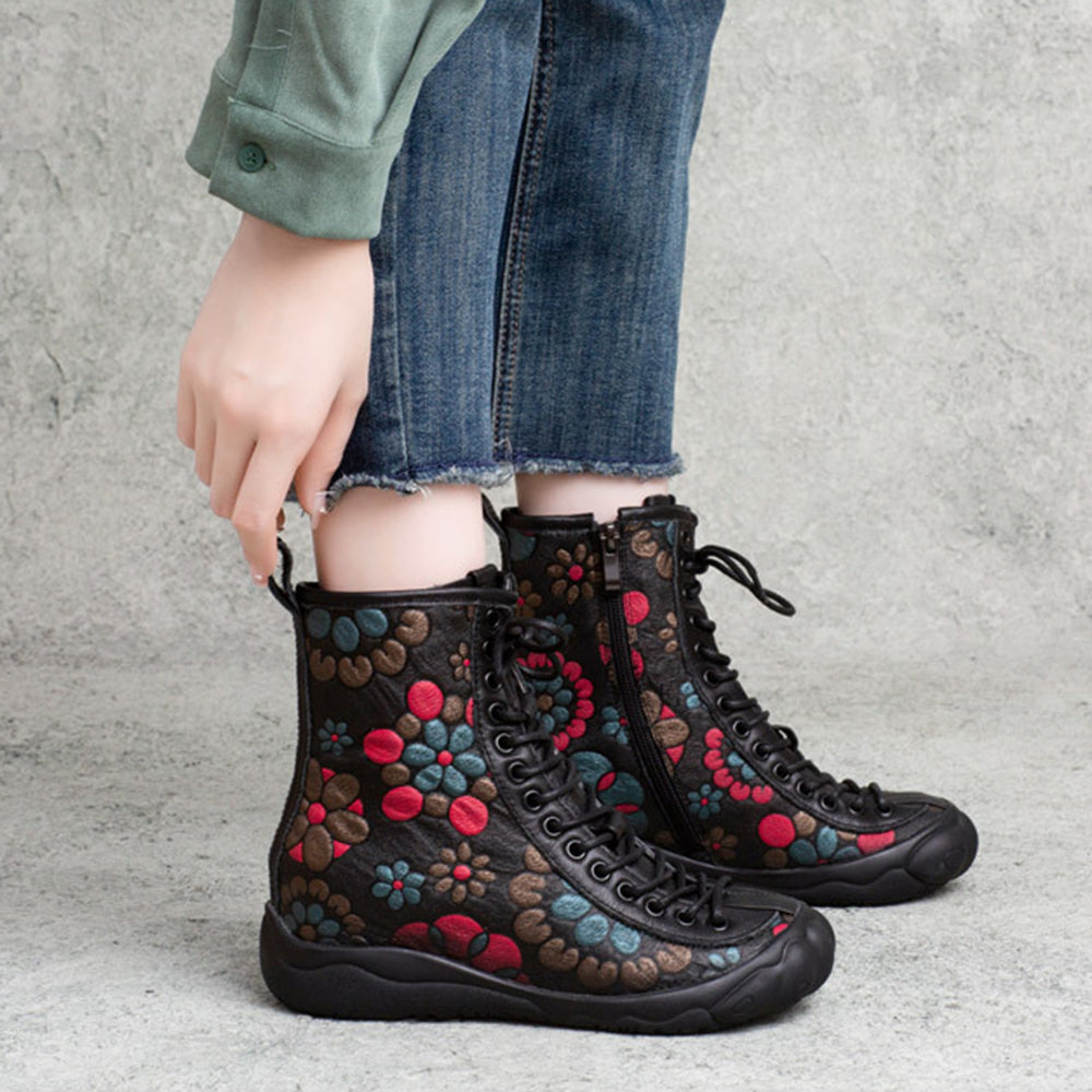 Retro Cowhide Flower Print Lace-up Single Boots
