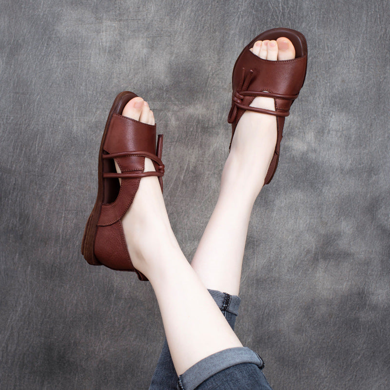 Retro Cowhide Peep Toe Sandals