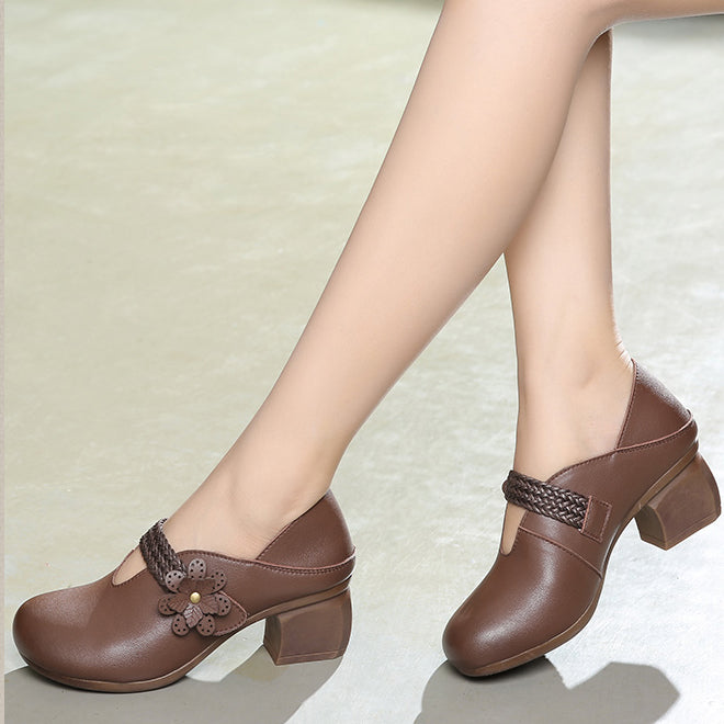 Retro Flower Leather Chunky Heels Women Shoes