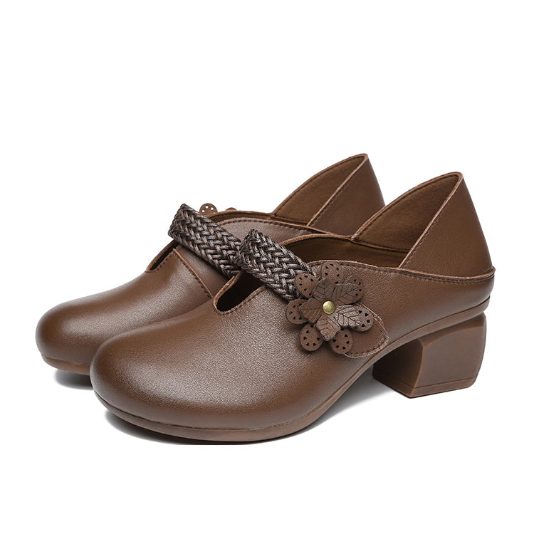 Retro Flower Leather Chunky Heels Women Shoes
