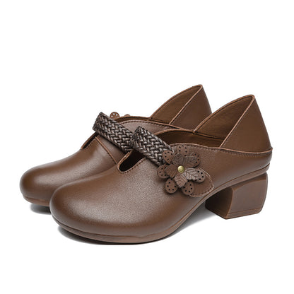 Retro Flower Leather Chunky Heels Women Shoes