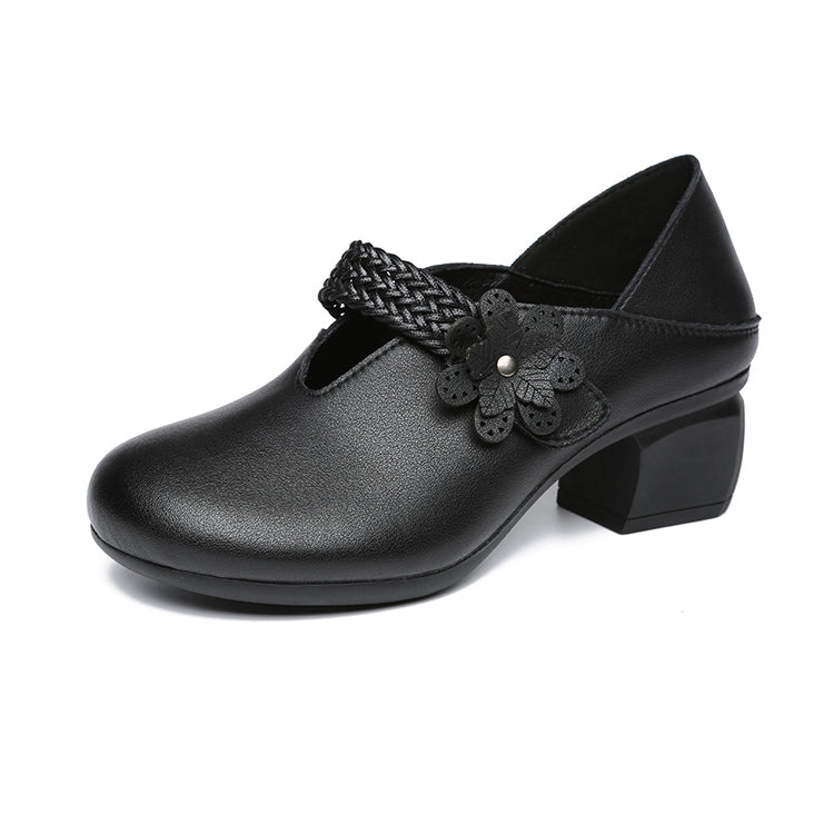 Retro Flower Leather Chunky Heels Women Shoes