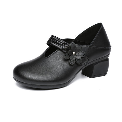 Retro Flower Leather Chunky Heels Women Shoes