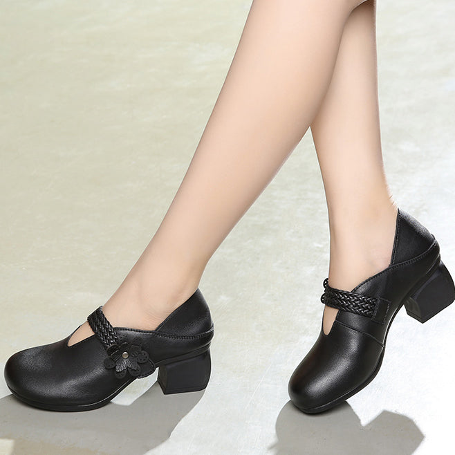 Retro Flower Leather Chunky Heels Women Shoes