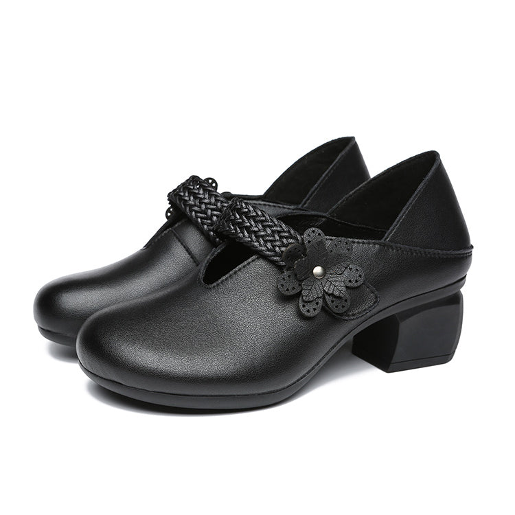 Retro Flower Leather Chunky Heels Women Shoes