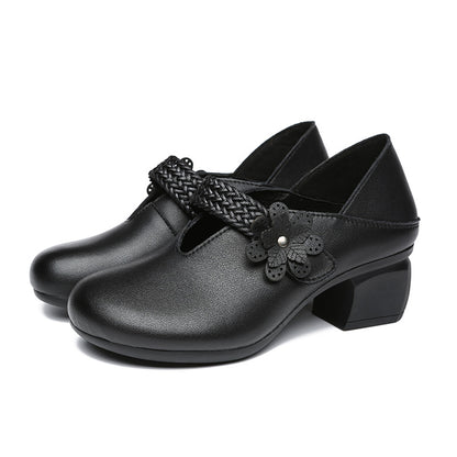 Retro Flower Leather Chunky Heels Women Shoes