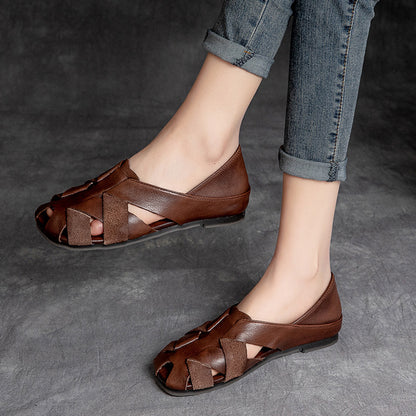 Retro Hollow Out Leather Slip On Shoes - Luckyback