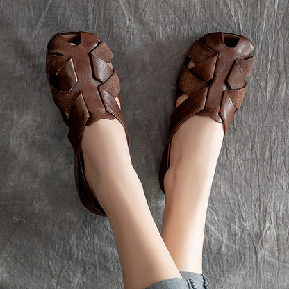 Retro Hollow Out Leather Slip On Shoes - Luckyback