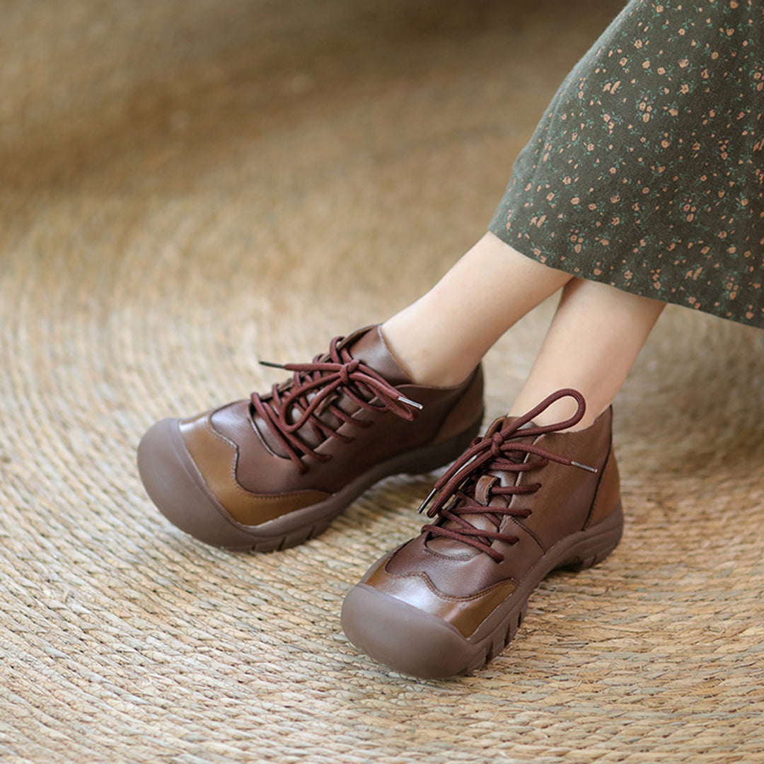 Retro Lace-up Paneled Leather Shoes - Luckyback